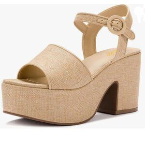 Pazzion Khaki Chunky High Heel Platform Sandals Open Toe Ankle Strap Buckle Shoe